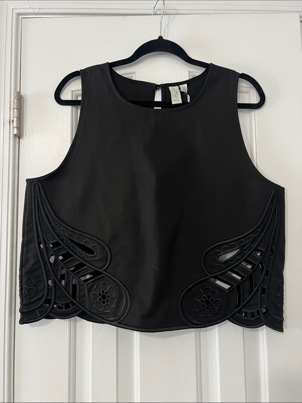 Joie Black Sleeveless Crop Top with Cutout Embroidery
